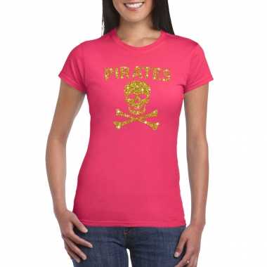 Piraten shirt / foute party verkleed carnavalskleding / carnavalskleding goud glitter roze dames2020