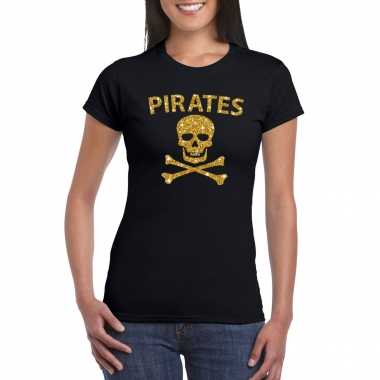 Piraten shirt / foute party verkleed carnavalskleding / carnavalskleding goud glitter zwart dames2020