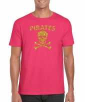 Piraten shirt foute party verkleed carnavalskleding carnavalskleding goud glitter roze heren